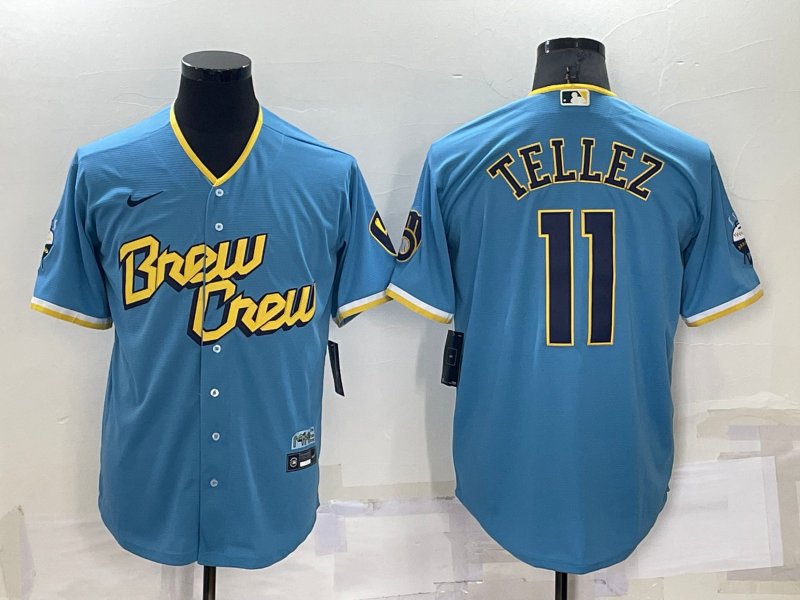 Men's Milwaukee Brewers #11 Rowdy Tellez 2022 Powder Blue City Connect Cool Base Stitched Jersey Men's Milwaukee Brewers #11 Rowdy Tellez 2022 Powder Blue City Connect Cool Base Stitched Jersey